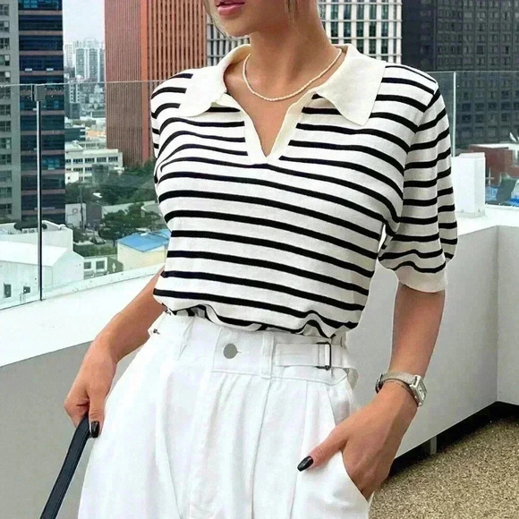 Black and White Casual Women's Striped Pattern Knit Top - Picture 1 of 8